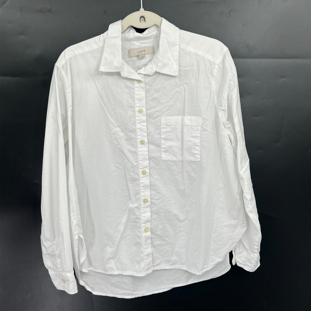 LOFT oversized button front white shirt cotton blend minimalist classic top M